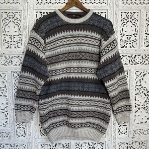 Haggar Casual Wool Blend Neutral Earthy Fair Isle Grandpa Sweater Sz Large
